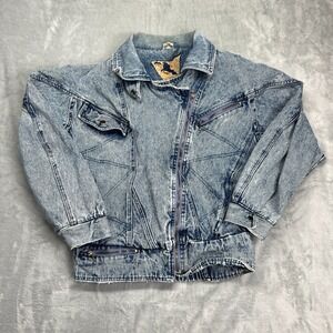 Womens Motorcycle Jacket Medium Blue Denim Zipped Pockets Asymmetrical Zip Biker
